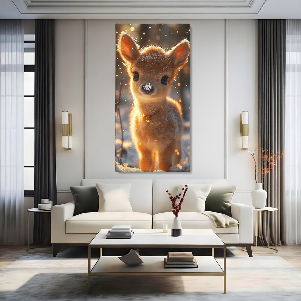 Tablou canvas cu tablou canvas cu pui de caprioara, fara rama, pe sasiu de lemn, pe perete intr-un living